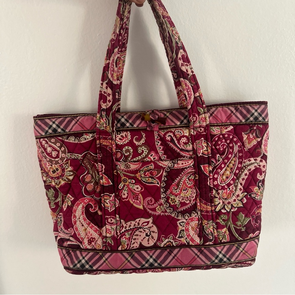 Vera Bradley Purse Piccadilly Plum Medium Work Tote Red Paisley Plaid Toggle EUC